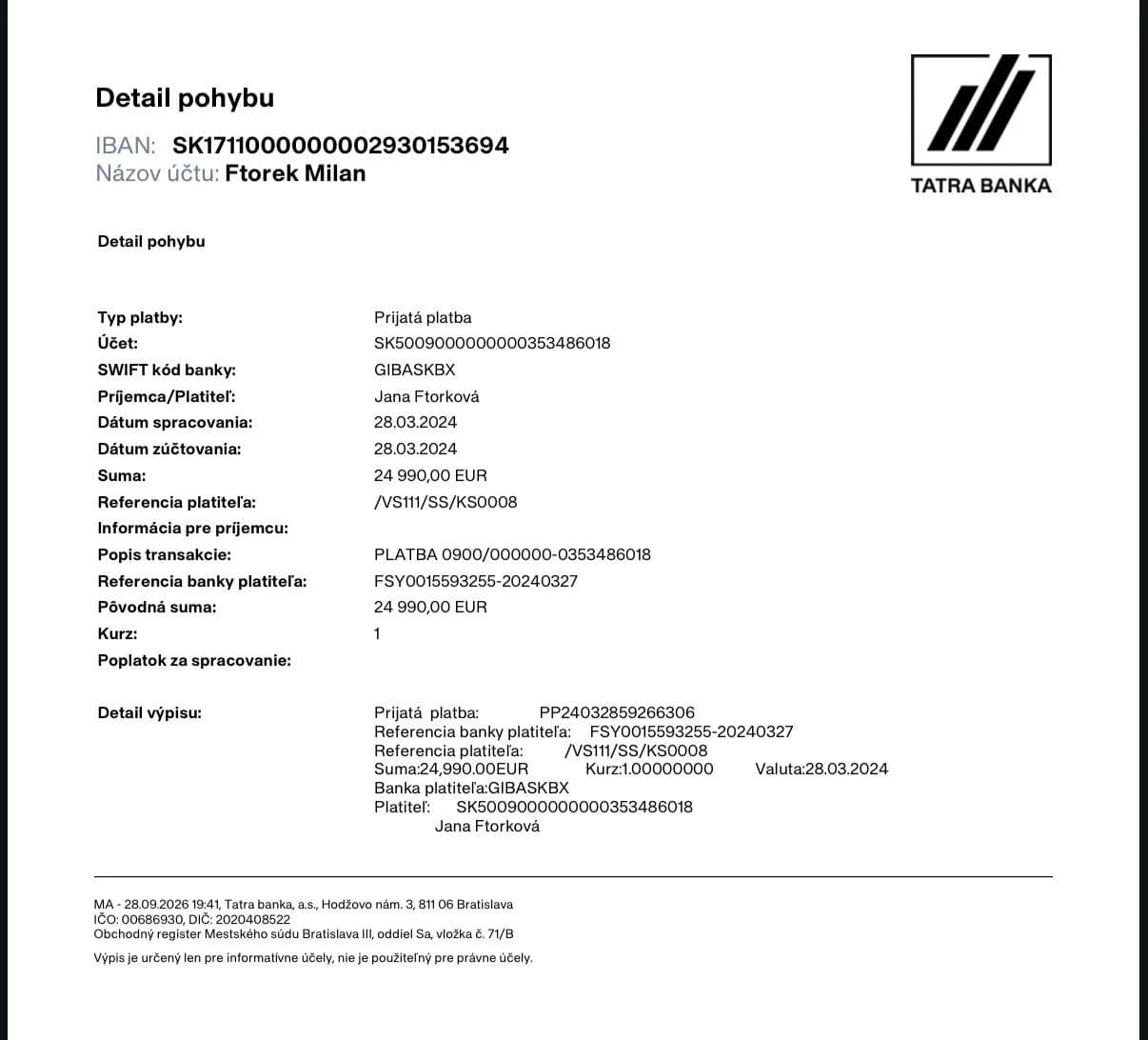 Výpis Tatra banky — platba 24 990 € od Jany Ftorkovej, 28. 3. 2024