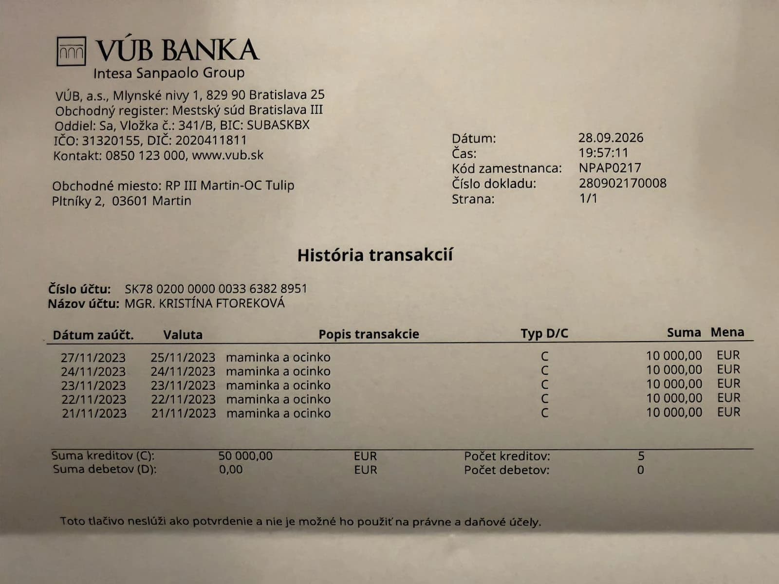 Výpis VÚB — 5 platieb po 10 000 € s popisom „maminka a ocinko“, 21.–27. 11. 2023