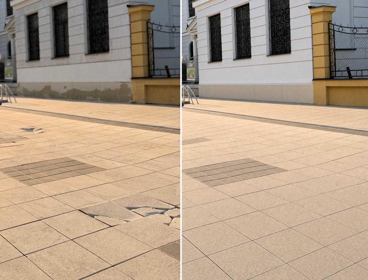 Rozbitá dlažba na pešej zóne dnes a po oprave